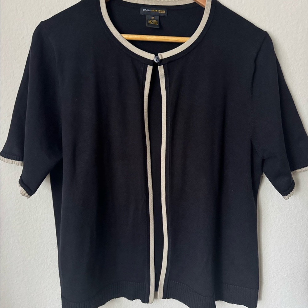 Grace Dane Lewis Black Button Down Shirt with Cream Trim